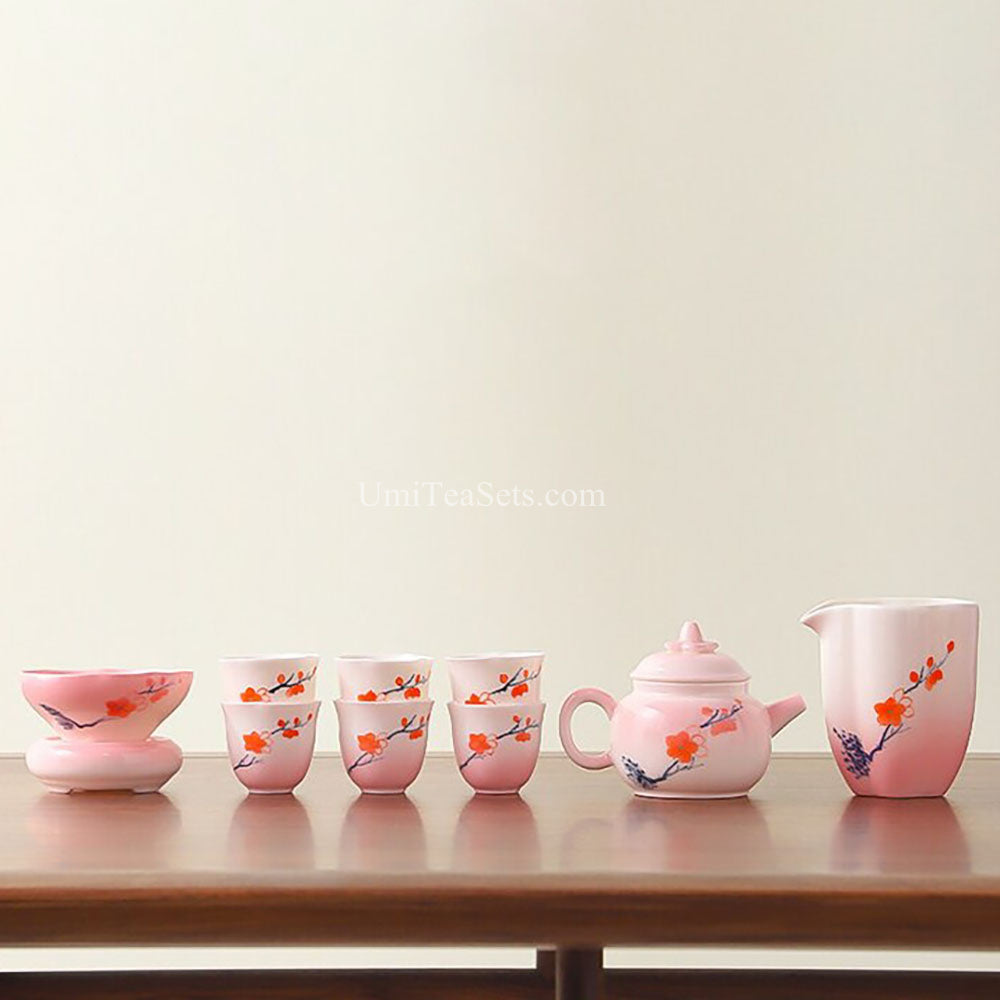 Ceramic Tea Set with Teapot, 6 Cups & Fair Cup | Pink Floral