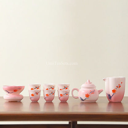 Ceramic Tea Set with Teapot, 6 Cups & Fair Cup | Pink Floral