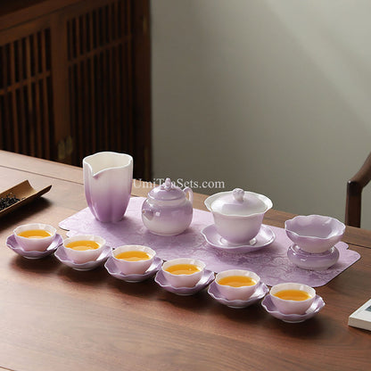 Purple Lotus Porcelain Gongfu Tea Set Gaiwan & 6 Cups