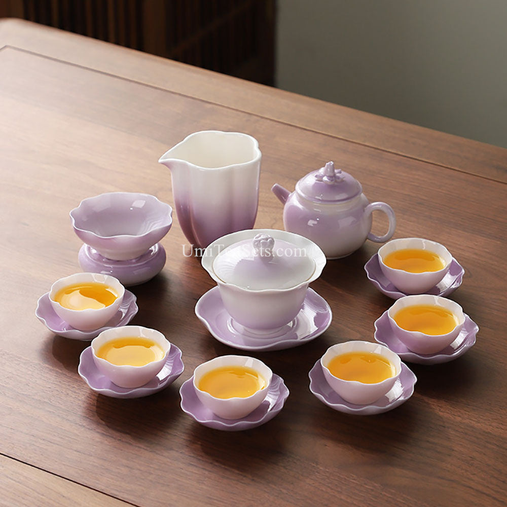Purple Lotus Porcelain Gongfu Tea Set Gaiwan & 6 Cups