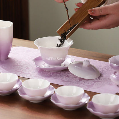 Purple Lotus Porcelain Gongfu Tea Set Gaiwan & 6 Cups