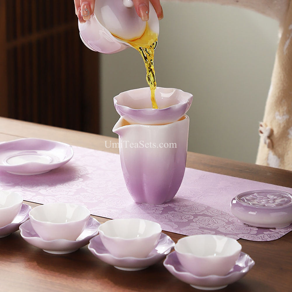 Purple Lotus Porcelain Gongfu Tea Set Gaiwan & 6 Cups