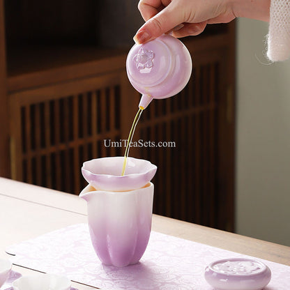 Purple Lotus Porcelain Gongfu Tea Set Gaiwan & 6 Cups