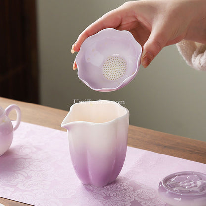 Purple Lotus Porcelain Gongfu Tea Set Gaiwan & 6 Cups