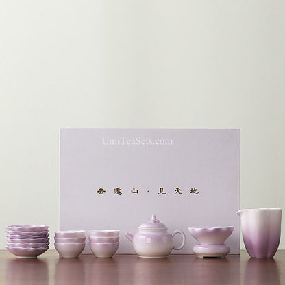 Purple Lotus Porcelain Gongfu Tea Set Gaiwan & 6 Cups