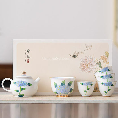 Porcelain Gongfu Tea Set Blue Hydrangea Gold Trim 6-Piece