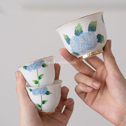 Porcelain Gongfu Tea Set Blue Hydrangea Gold Trim 6-Piece