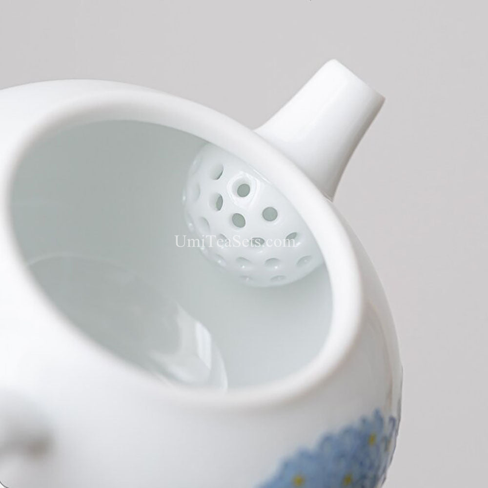 Porcelain Gongfu Tea Set Blue Hydrangea Gold Trim 6-Piece