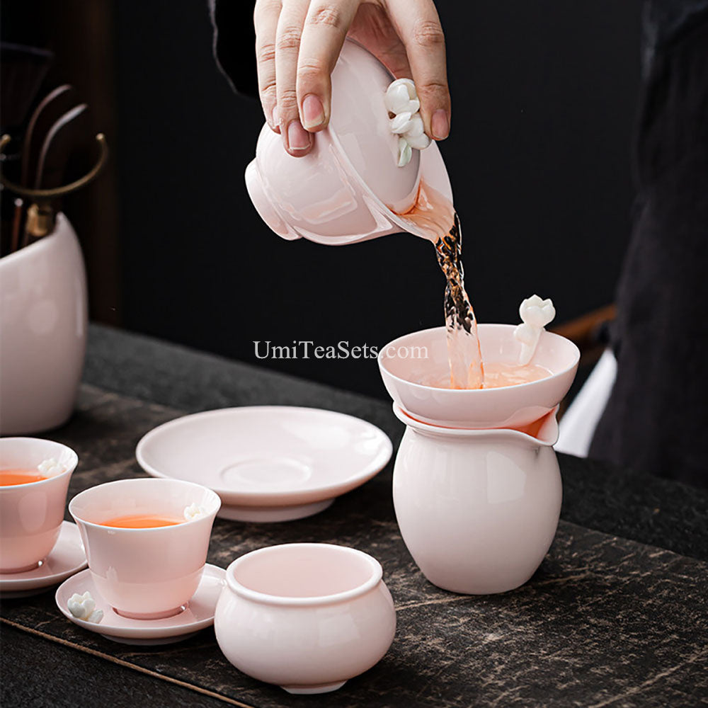 Porcelain Tea Set Pink Jasmine Gaiwan 6 Cups Utensils Gift
