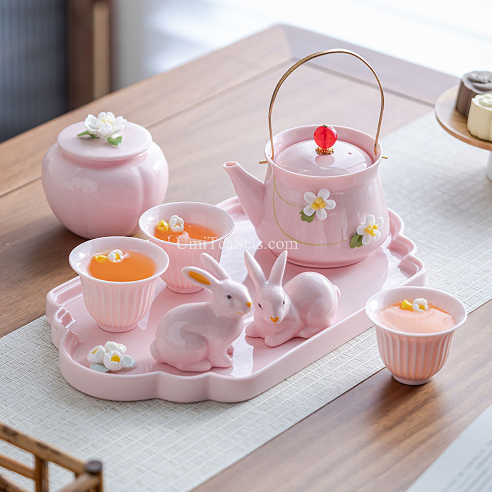 Porcelain Tea Set Pink Bunny Floral Teapot Tray Caddy Tea Pets