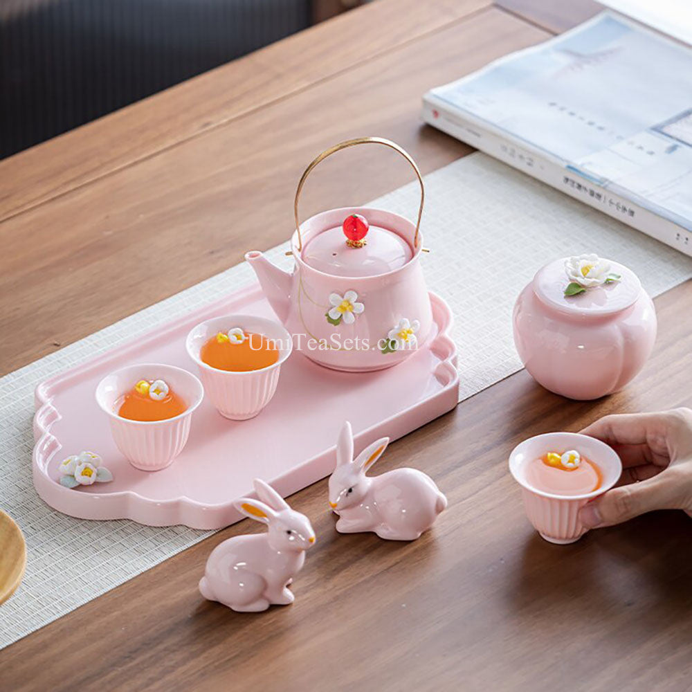 Porcelain Tea Set Pink Bunny Floral Teapot Tray Caddy Tea Pets