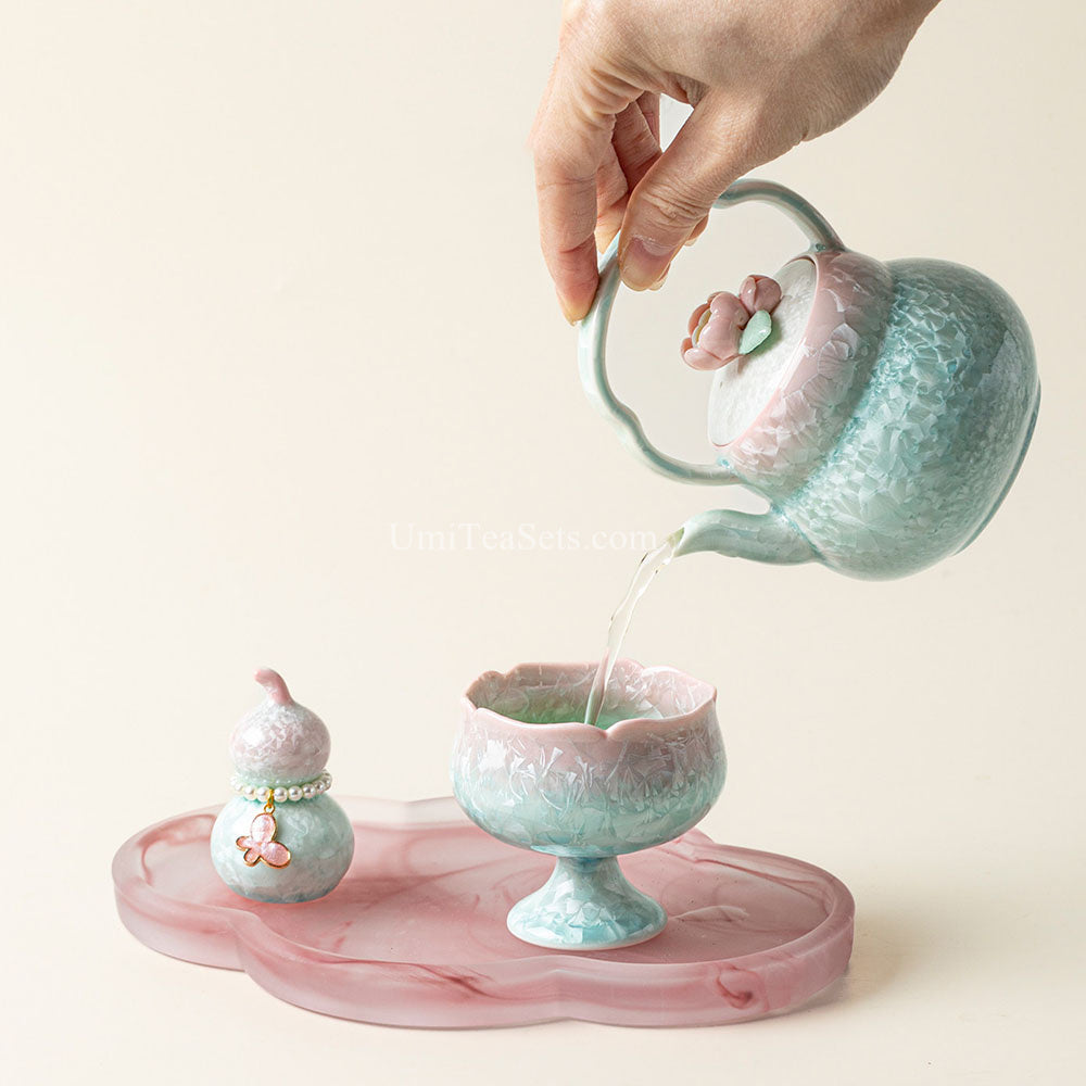 Ruyao Tea Set Pink Green Gradient Ice Crackle Glaze with Tea Pet