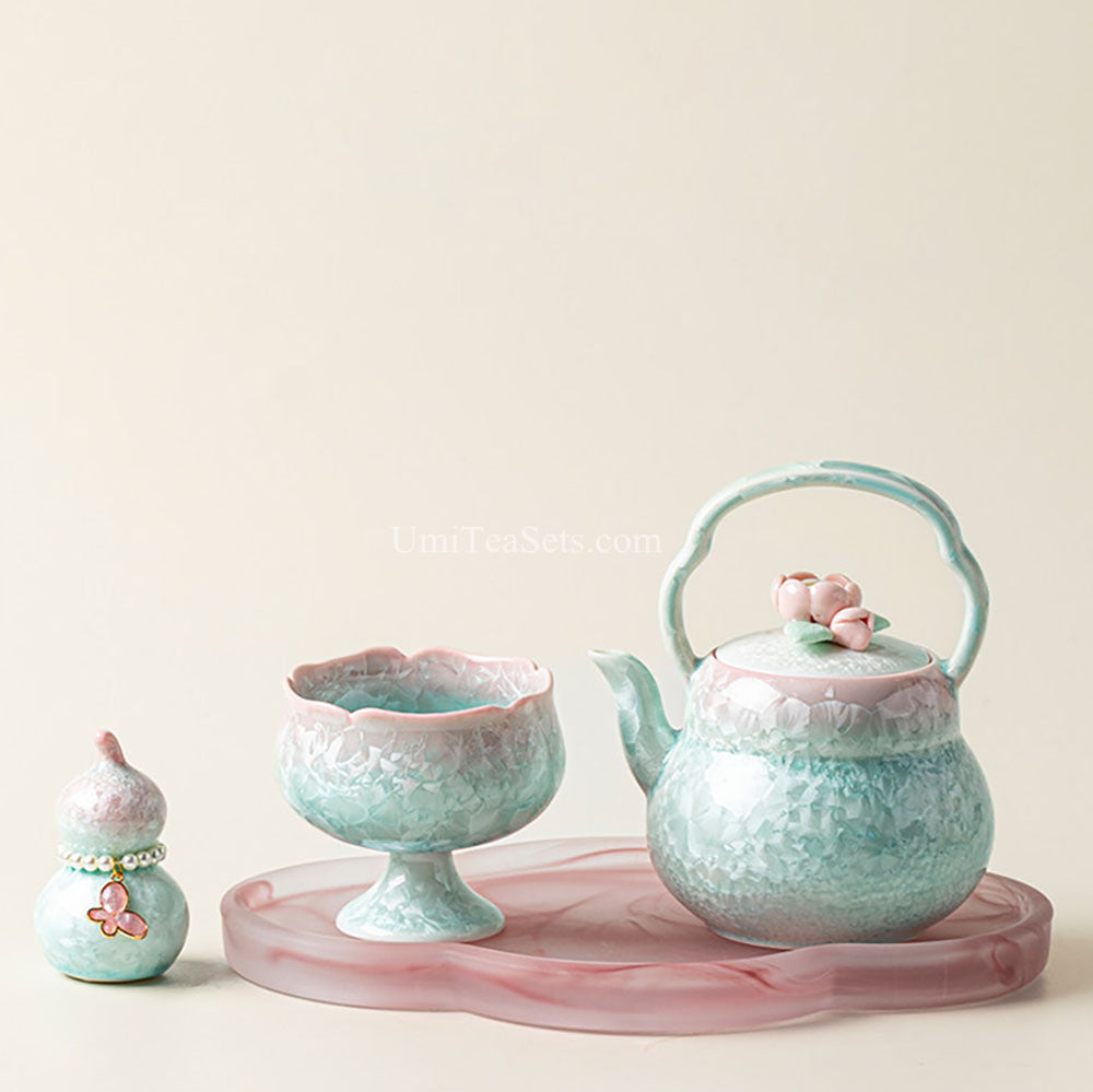 Ruyao Tea Set Pink Green Gradient Ice Crackle Glaze with Tea Pet