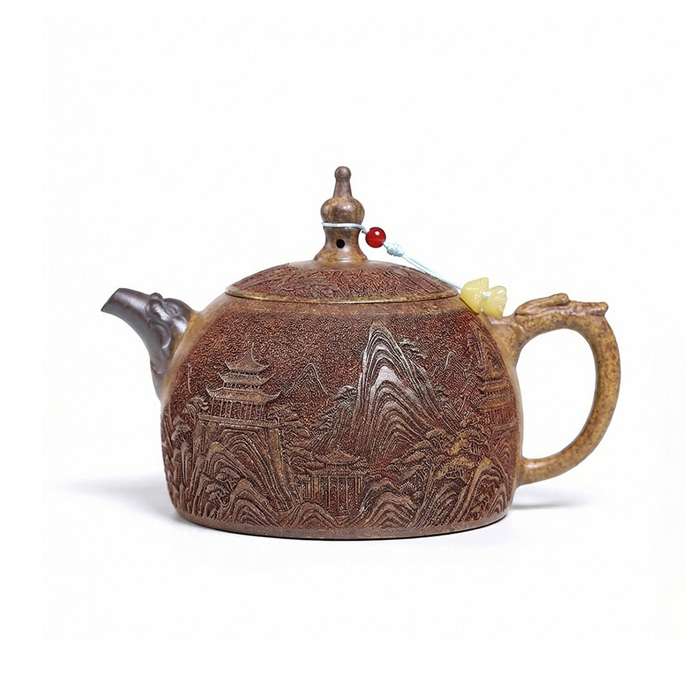 Landscape Teapot Yixing Gold Sand Clay Wood-Fired Carved 330ml