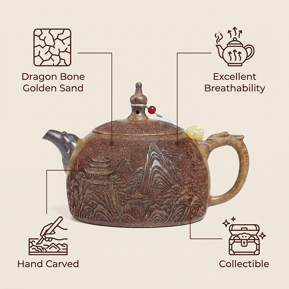 Landscape Teapot Yixing Gold Sand Clay Wood-Fired Carved 330ml