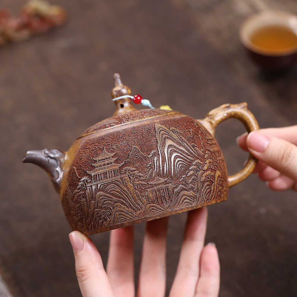 Landscape Teapot Yixing Gold Sand Clay Wood-Fired Carved 330ml