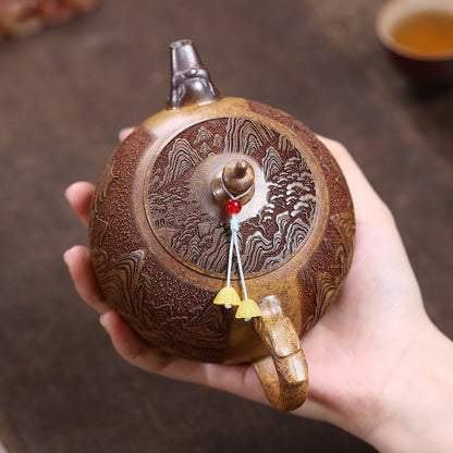 Landscape Teapot Yixing Gold Sand Clay Wood-Fired Carved 330ml