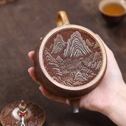 Landscape Teapot Yixing Gold Sand Clay Wood-Fired Carved 330ml
