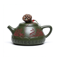 Green Clay Teapot Yixing Lotus Frog Lid Carved Fish 330ml