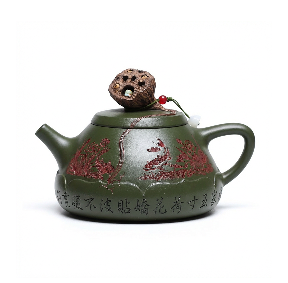 Green Clay Teapot Yixing Lotus Frog Lid Carved Fish 330ml