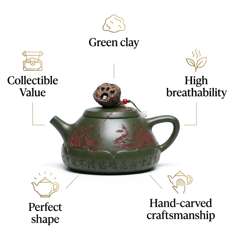 Green Clay Teapot Yixing Lotus Frog Lid Carved Fish 330ml