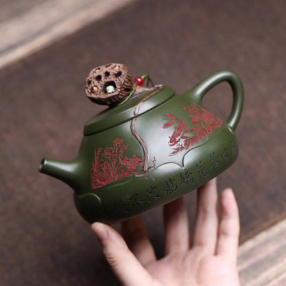 Green Clay Teapot Yixing Lotus Frog Lid Carved Fish 330ml