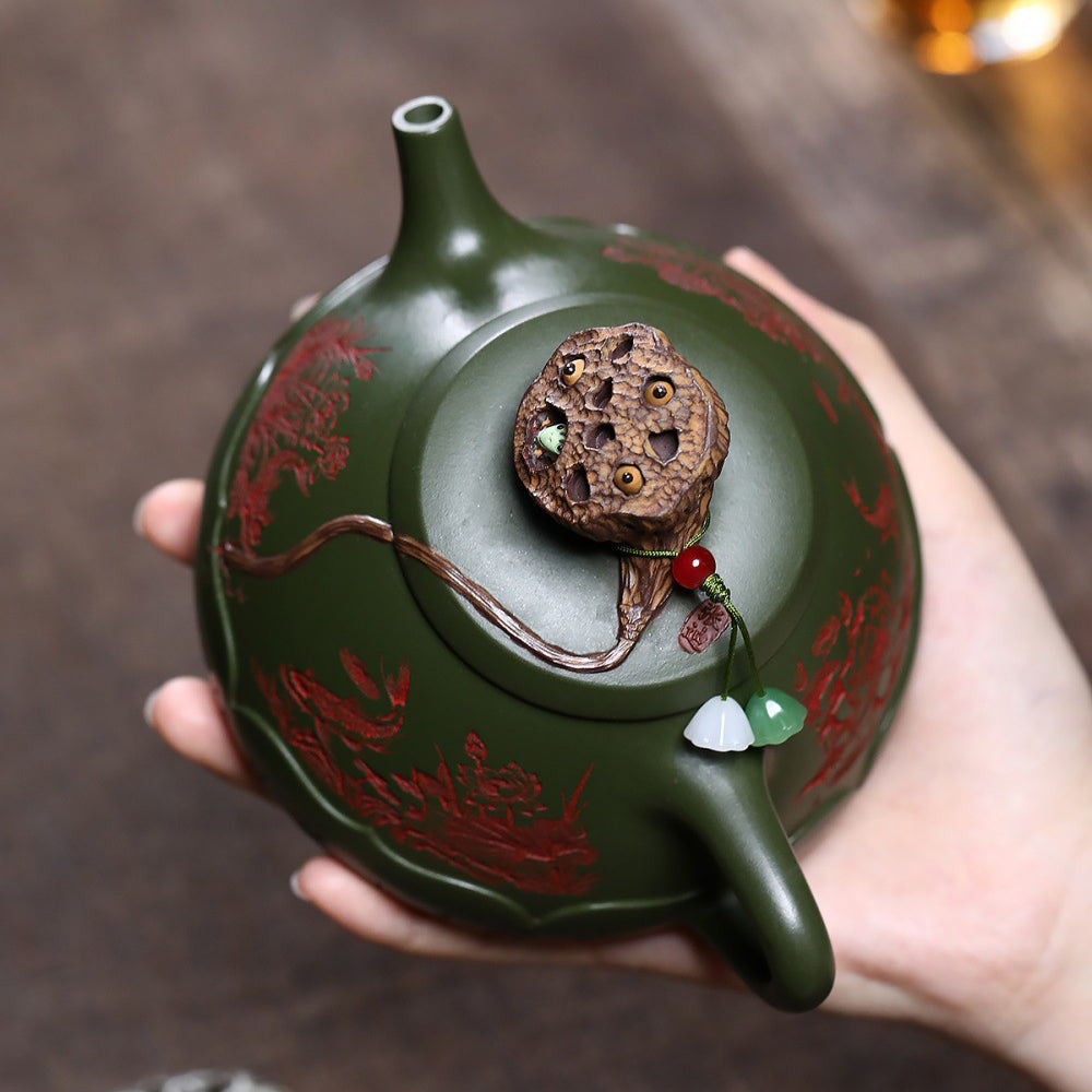 Green Clay Teapot Yixing Lotus Frog Lid Carved Fish 330ml