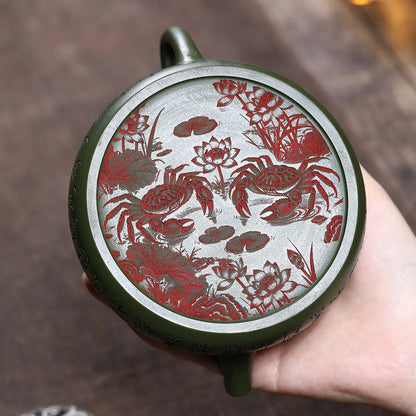 Green Clay Teapot Yixing Lotus Frog Lid Carved Fish 330ml