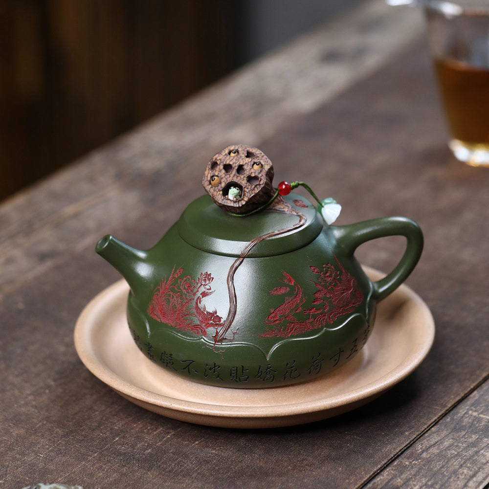 Green Clay Teapot Yixing Lotus Frog Lid Carved Fish 330ml