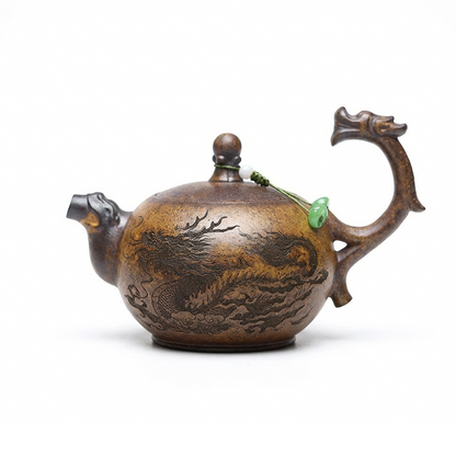 Dragon Teapot Yixing Gold Sand Clay Arhat Carved 300ml Gift