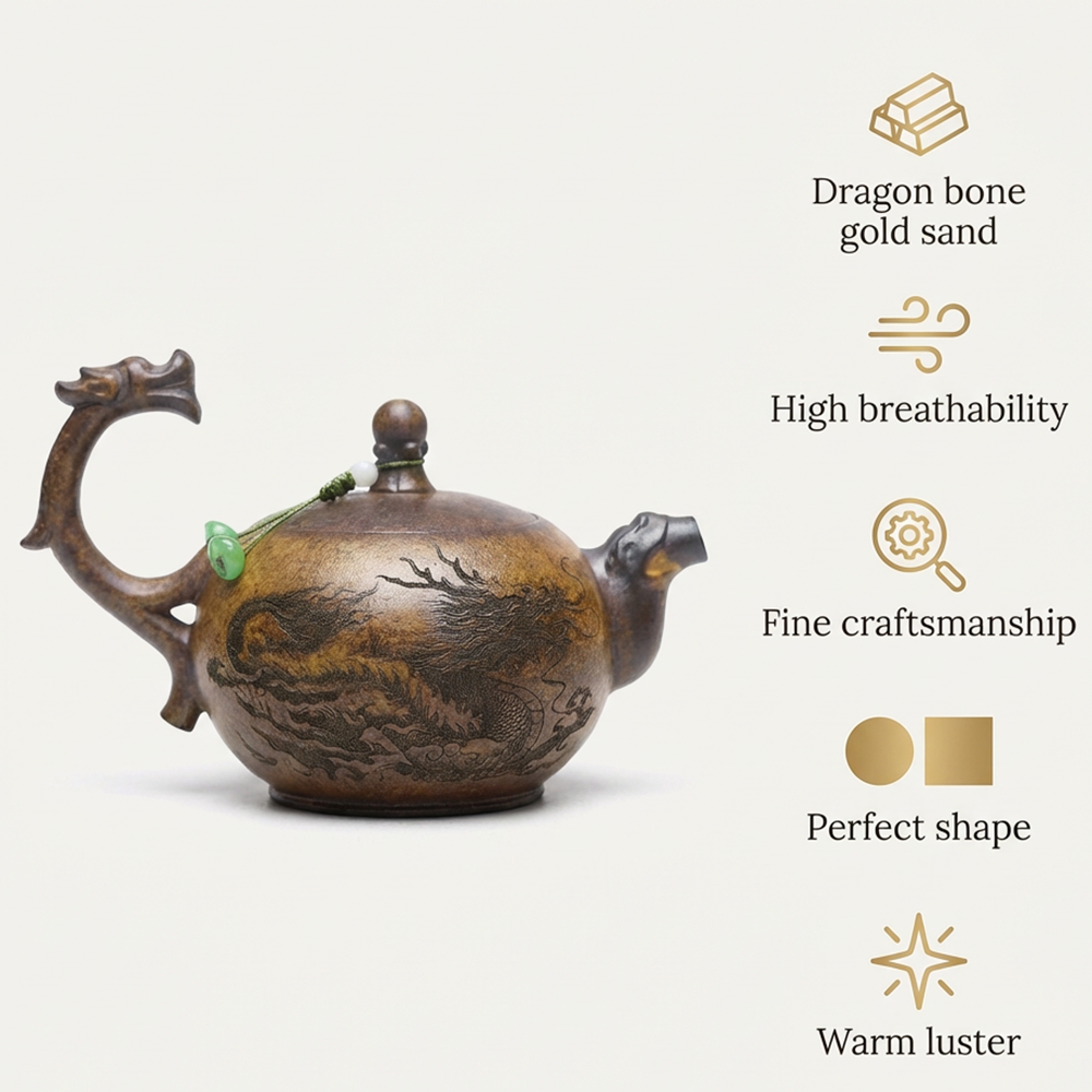 Dragon Teapot Yixing Gold Sand Clay Arhat Carved 300ml Gift