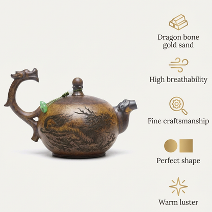 Dragon Teapot Yixing Gold Sand Clay Arhat Carved 300ml Gift