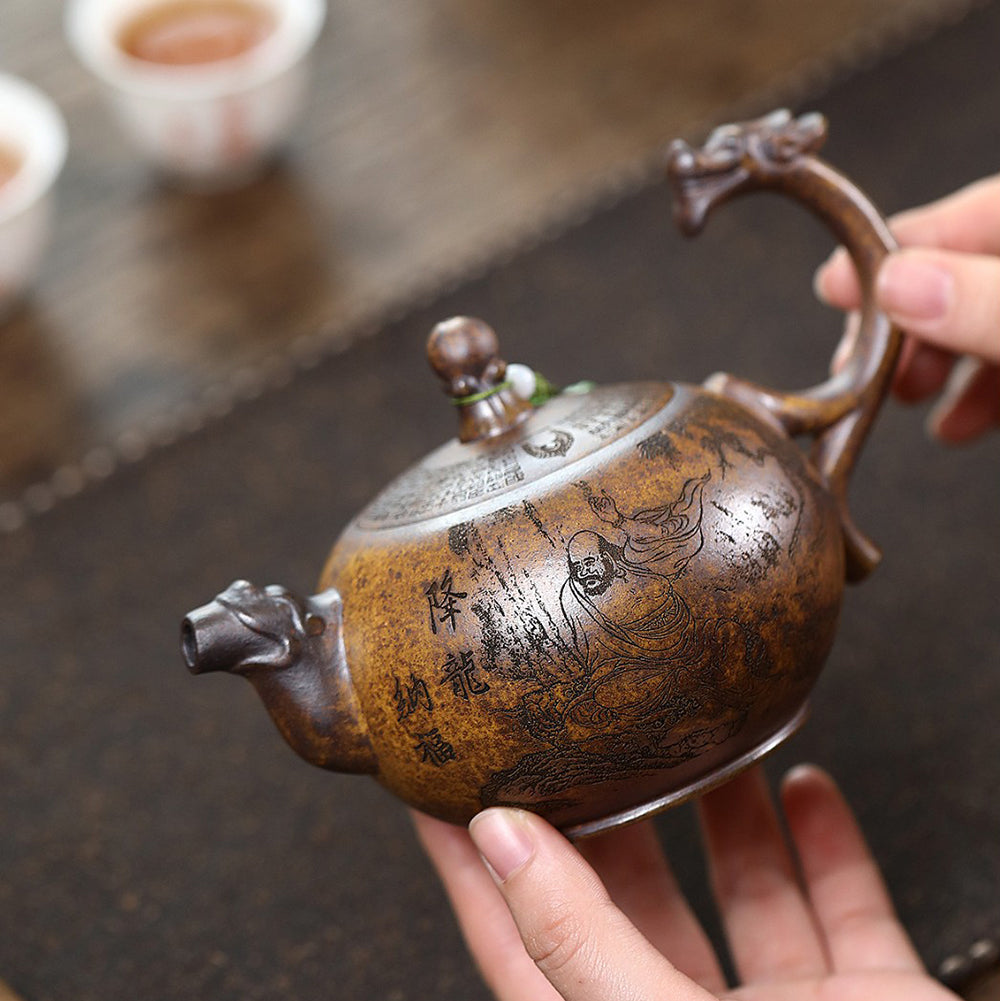 Dragon Teapot Yixing Gold Sand Clay Arhat Carved 300ml Gift