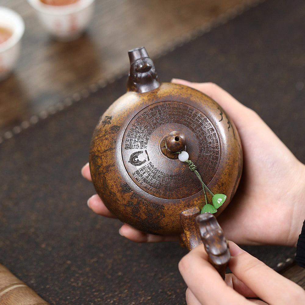 Dragon Teapot Yixing Gold Sand Clay Arhat Carved 300ml Gift