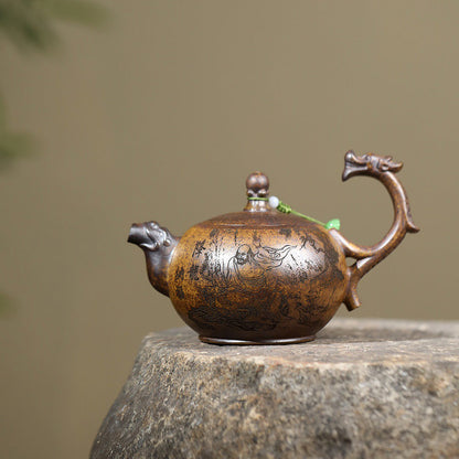 Dragon Teapot Yixing Gold Sand Clay Arhat Carved 300ml Gift
