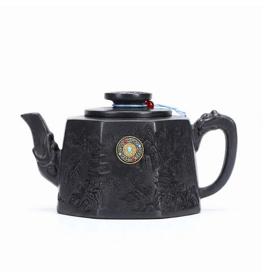 Zisha Teapot Octagon Stone Yellow Clay Landscape Carved 340ml