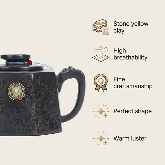 Zisha Teapot Octagon Stone Yellow Clay Landscape Carved 340ml