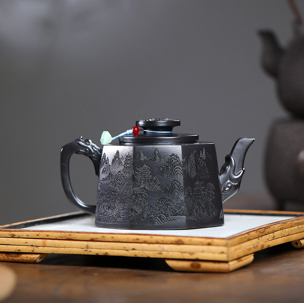 Zisha Teapot Octagon Stone Yellow Clay Landscape Carved 340ml