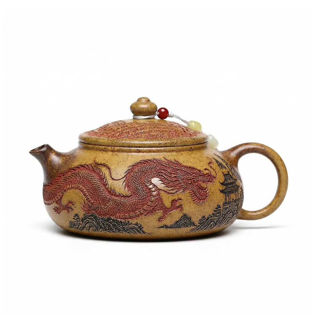 Dragon Teapot Yixing Gold Sand Clay Wood-Fired Landscape 320ml