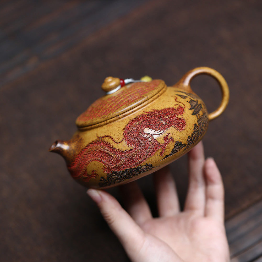 Dragon Teapot Yixing Gold Sand Clay Wood-Fired Landscape 320ml