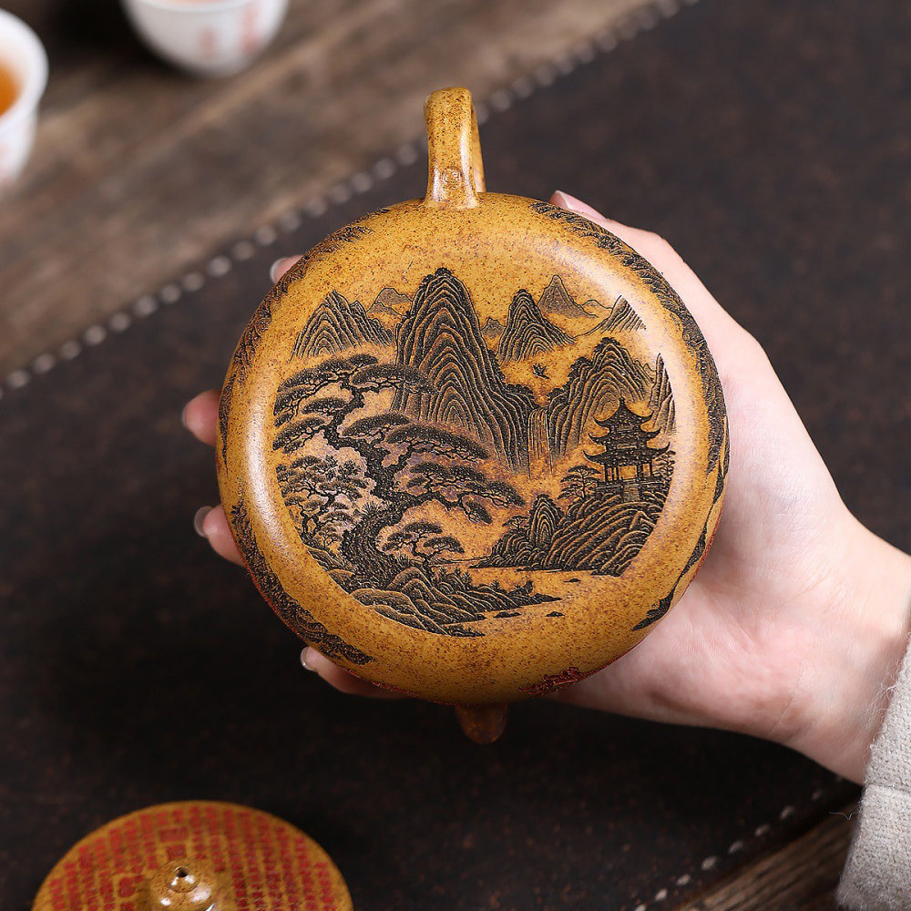 Dragon Teapot Yixing Gold Sand Clay Wood-Fired Landscape 320ml