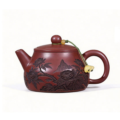 Landscape Teapot Shi Piao Dragon Blood Clay Peony Carved 200ml