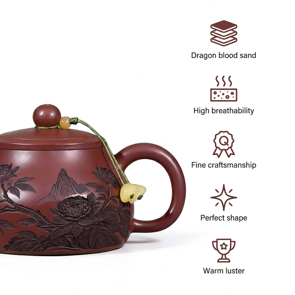 Landscape Teapot Shi Piao Dragon Blood Clay Peony Carved 200ml