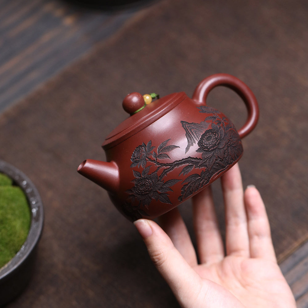 Landscape Teapot Shi Piao Dragon Blood Clay Peony Carved 200ml