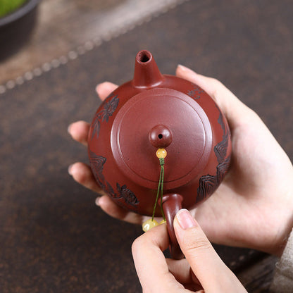 Landscape Teapot Shi Piao Dragon Blood Clay Peony Carved 200ml