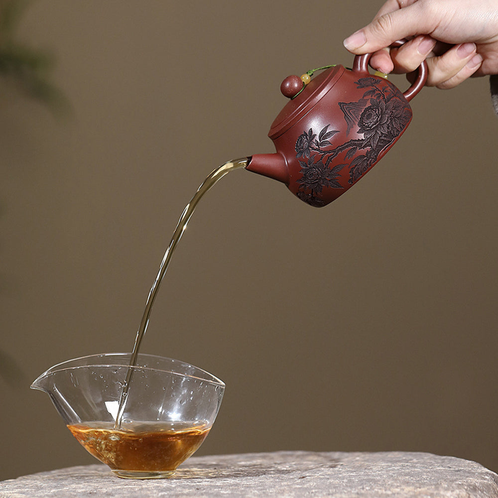 Landscape Teapot Shi Piao Dragon Blood Clay Peony Carved 200ml