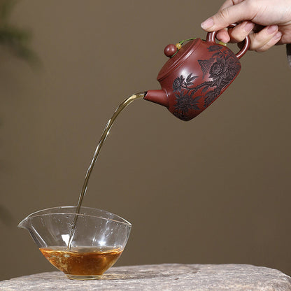 Landscape Teapot Shi Piao Dragon Blood Clay Peony Carved 200ml