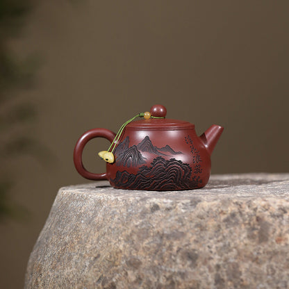 Landscape Teapot Shi Piao Dragon Blood Clay Peony Carved 200ml