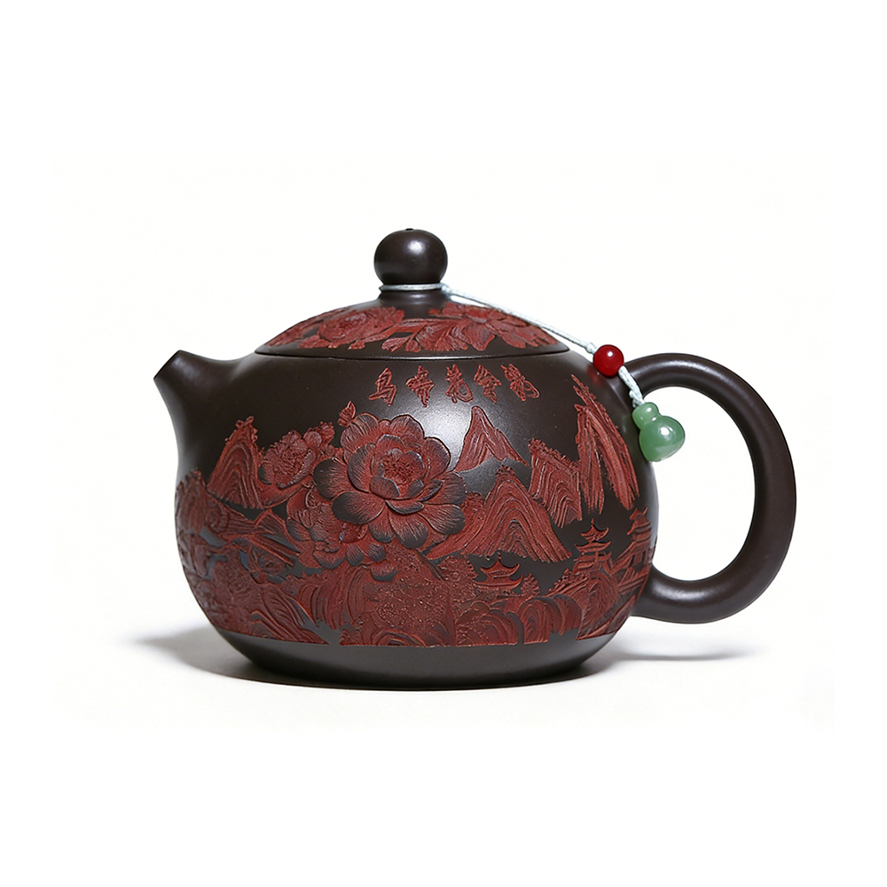 Peony Teapot Xi Shi Stone Yellow Clay Magpie Carved 500ml