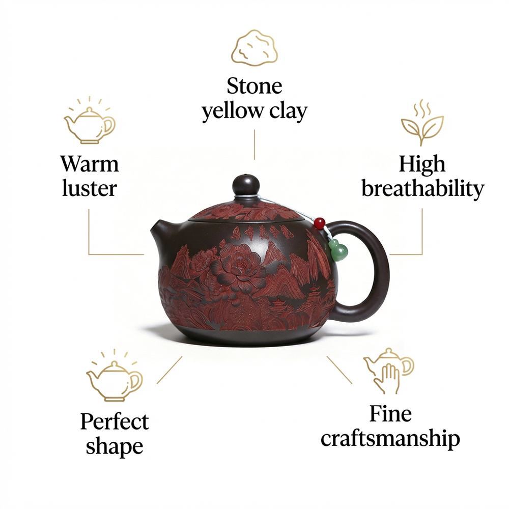 Peony Teapot Xi Shi Stone Yellow Clay Magpie Carved 500ml